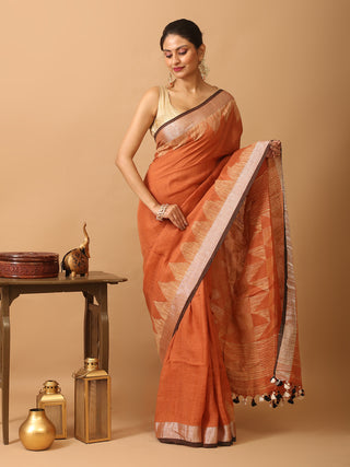 Rust Colour Linen-Cotton Handloom Saree With Temple Border