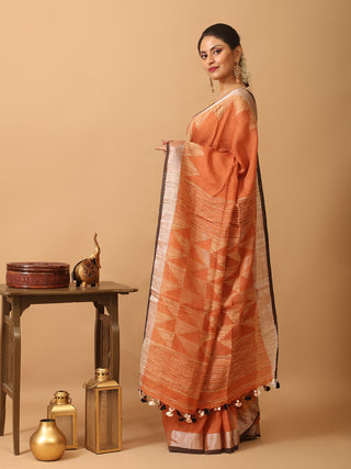 Rust Colour Linen-Cotton Handloom Saree With Temple Border