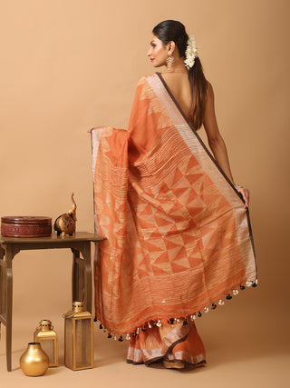 Rust Colour Linen-Cotton Handloom Saree With Temple Border