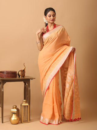 Peach Linen- Cotton Handloom Saree With Temple Border