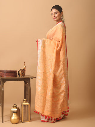 Peach Linen- Cotton Handloom Saree With Temple Border