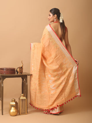 Peach Linen- Cotton Handloom Saree With Temple Border