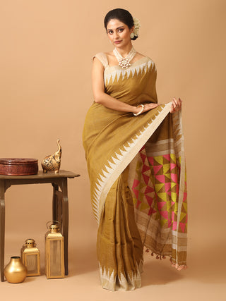 Mehndi Green Linen-Cotton Handloom Saree With Temple Border