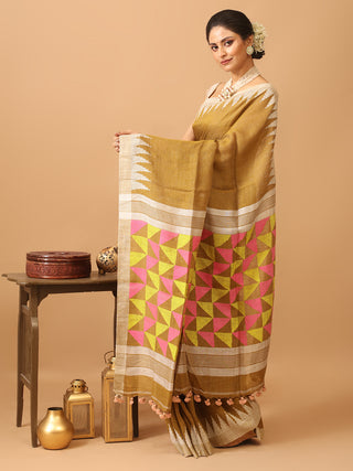 Mehndi Green Linen-Cotton Handloom Saree With Temple Border