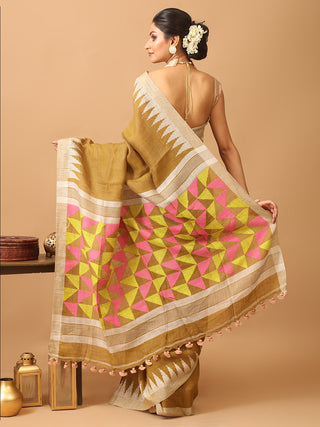 Mehndi Green Linen-Cotton Handloom Saree With Temple Border