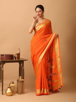Orange Linen-Cotton Handloom Saree With Jamdani Weaves