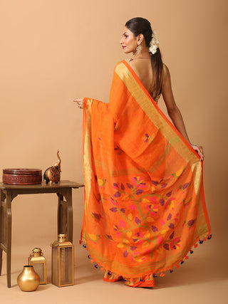 Orange Linen-Cotton Handloom Saree With Jamdani Weaves