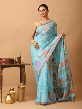 Sky Blue Linen-Cotton Handloom Saree With Jamdani Weaves