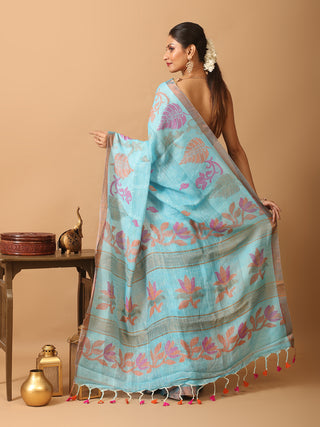 Sky Blue Linen-Cotton Handloom Saree With Jamdani Weaves