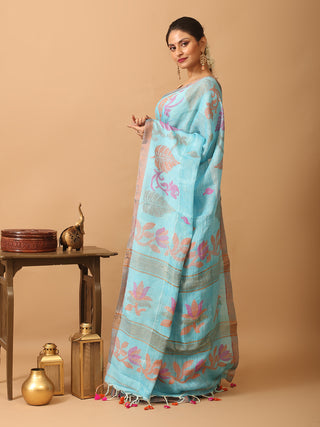 Sky Blue Linen-Cotton Handloom Saree With Jamdani Weaves