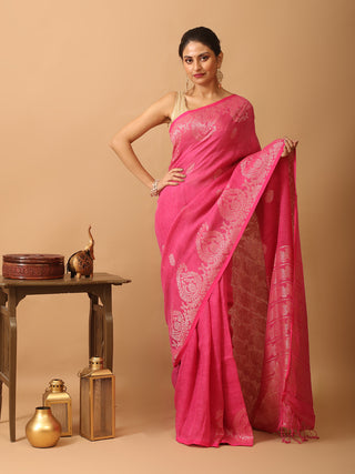 Fuchsia Linen by Cotton Saree With Running Blouse