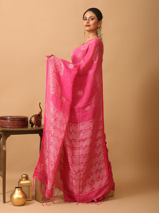 Fuchsia Linen by Cotton Saree With Running Blouse