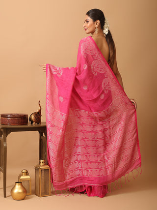 Fuchsia Linen by Cotton Saree With Running Blouse