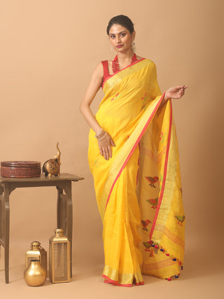 Golden Yellow Linen Jamdani Saree With Running Blouse