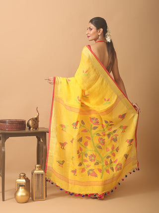 Golden Yellow Linen Jamdani Saree With Running Blouse