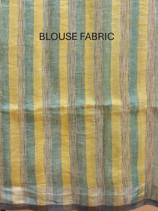 Sea-Green And Grey Hand Woven Pure Linen Saree With Striped Blouse
