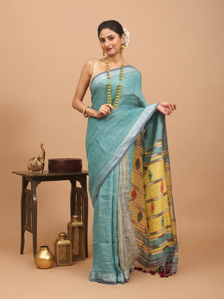 Sea-Green And Grey Hand Woven Pure Linen Saree With Striped Blouse