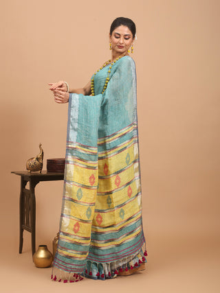 Sea-Green And Grey Hand Woven Pure Linen Saree With Striped Blouse