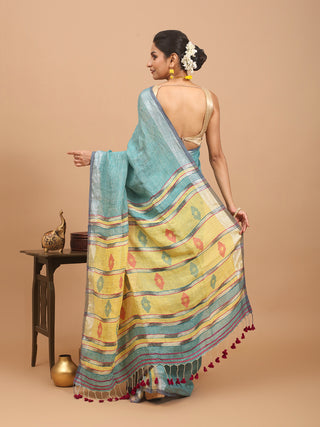 Sea-Green And Grey Hand Woven Pure Linen Saree With Striped Blouse