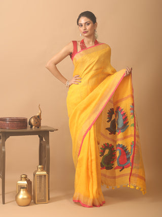 Golden Yellow Handloom Linen Jamdani Saree With Golden Zari Border