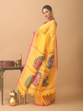 Golden Yellow Handloom Linen Jamdani Saree With Golden Zari Border