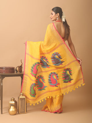 Golden Yellow Handloom Linen Jamdani Saree With Golden Zari Border
