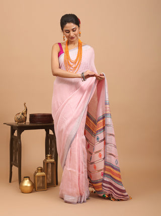 Baby-Pink Hand Woven Pure Linen Saree With Striped Blouse