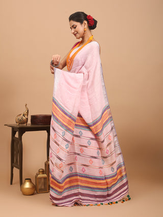 Baby-Pink Hand Woven Pure Linen Saree With Striped Blouse