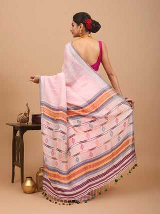 Baby-Pink Hand Woven Pure Linen Saree With Striped Blouse