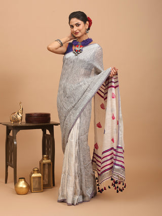 Grey And Off-White Pure Linen Saree With Blouse