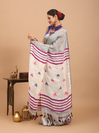Grey And Off-White Pure Linen Saree With Blouse