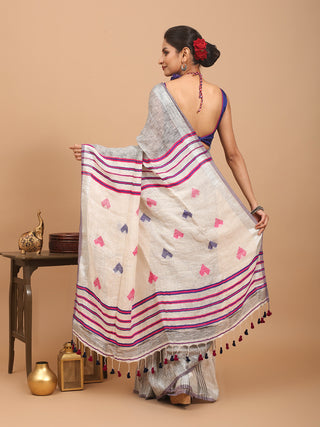 Grey And Off-White Pure Linen Saree With Blouse