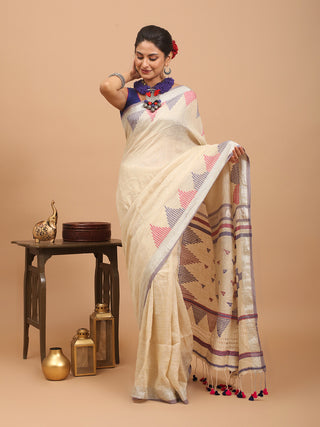 Sandal Hand Woven Pure Linen Saree With Temple Border