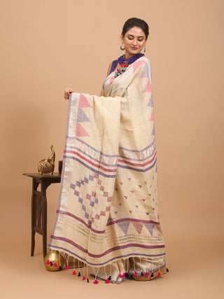 Sandal Hand Woven Pure Linen Saree With Temple Border