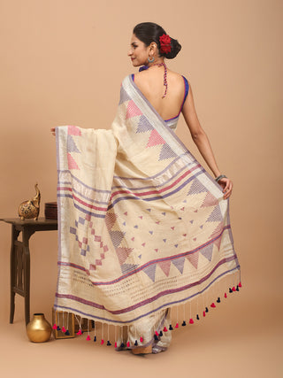 Sandal Hand Woven Pure Linen Saree With Temple Border