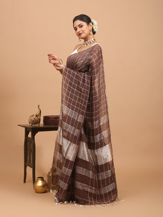Coffee Brown Hand Woven Pure Linen Saree With A Silver Zari Border