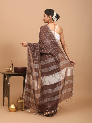 Coffee Brown Hand Woven Pure Linen Saree With A Silver Zari Border