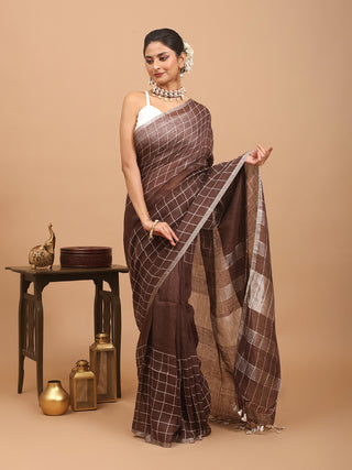 Coffee Brown Hand Woven Pure Linen Saree With A Silver Zari Border