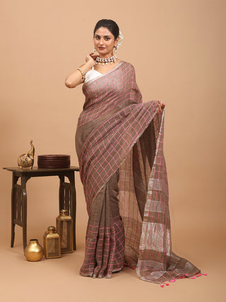 Chocolate Brown Hand Woven Pure Linen Saree With A Silver Zari Border