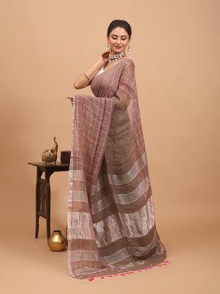Chocolate Brown Hand Woven Pure Linen Saree With A Silver Zari Border