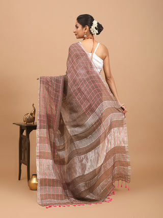 Chocolate Brown Hand Woven Pure Linen Saree With A Silver Zari Border