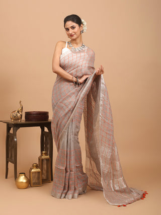 Light Grey Hand Woven Pure Linen Saree With A Silver Zari Border