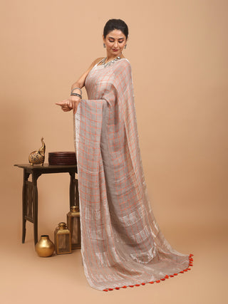 Light Grey Hand Woven Pure Linen Saree With A Silver Zari Border