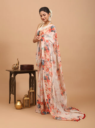 Light Peach Hand Woven Pure Linen Saree With Digital Print