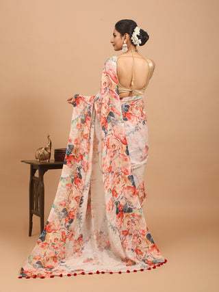 Light Peach Hand Woven Pure Linen Saree With Digital Print