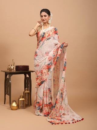 Light Peach Hand Woven Pure Linen Saree With Digital Print