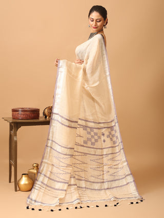 Sandal Colour Hand Woven Pure Linen Saree