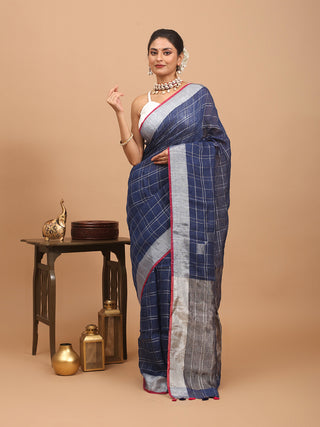 Indigo Blue Hand Woven Pure Linen Saree With Checkered Body