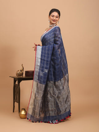Indigo Blue Hand Woven Pure Linen Saree With Checkered Body
