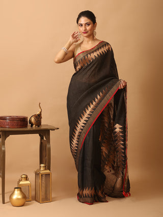 Black Linen Handloom Saree With An Antique Gold Zari Border